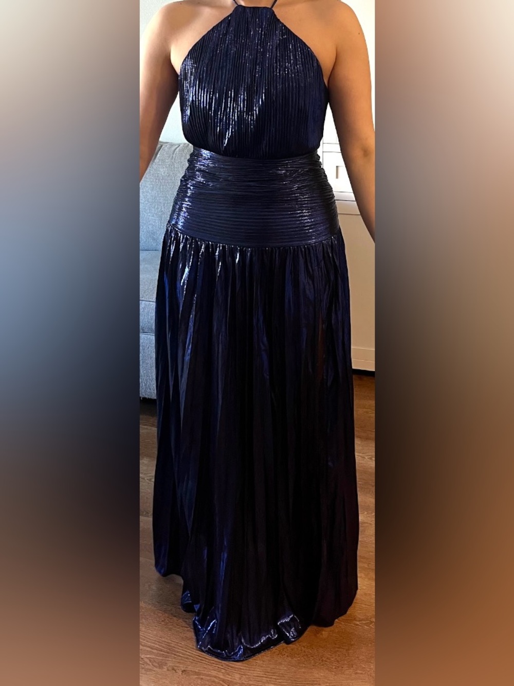Navy Metallic Halter formal Dress